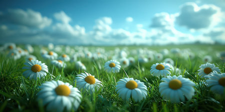 Field of daisies and blue sky with clouds. 3d renderingの素材
