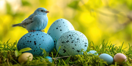 Easter eggs and blue bird on green grass with bokeh backgroundの素材
