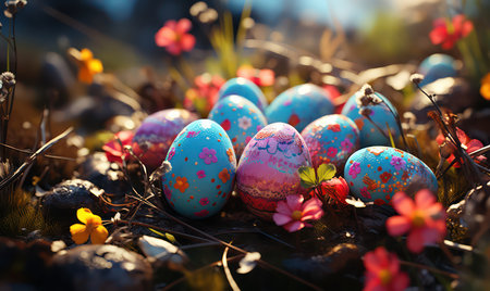 Easter eggs in the grass and flowers. Selective focus.の素材