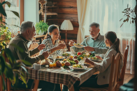 Grandparents having dinner with grandchildren at home. Happy family concept.の素材