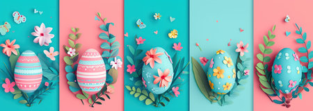 Easter banner with eggs and flowers. Paper cut style. Vector illustration.の素材