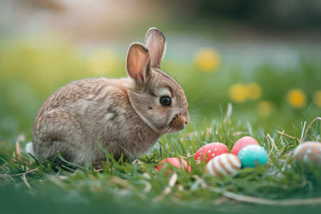 Cute little rabbit with Easter eggs on green grass, easter backgroundの素材