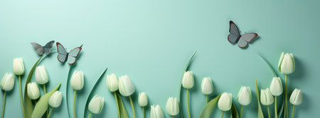 Banner with white tulips and butterfly on turquoise backgroundの素材