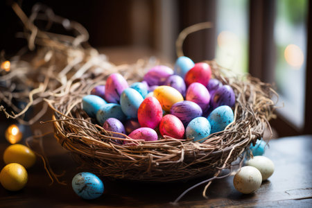 Colorful easter eggs in nest on wooden background, selective focusの素材