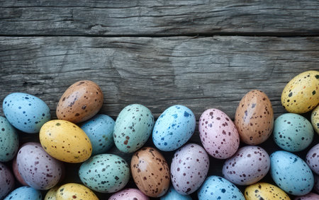 Colorful easter eggs on old wooden background with copy space.の素材