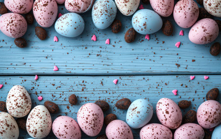 Colorful Easter eggs on blue wooden background with space for text.の素材