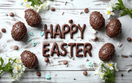 Delicious chocolate Easter eggs and flowers on white wooden table, flat layの素材