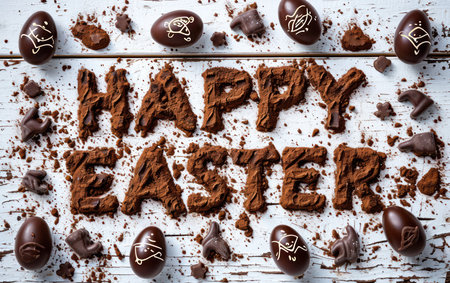 Chocolate Easter eggs and chocolate candies on rustic wooden backgroundの素材