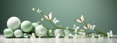 Easter eggs with white flowers and butterflies. 3D rendering.の素材