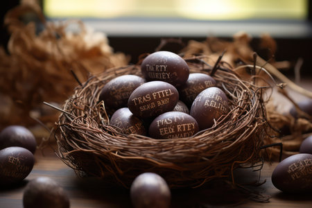 Easter eggs in a nest on a rustic wooden background.の素材