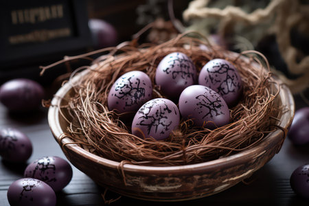 Easter eggs painted in purple colors in a basket on a wooden backgroundの素材