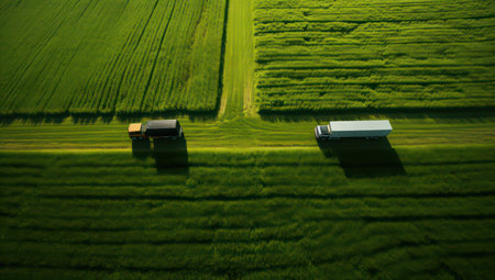 Aerial view of a tractor and trailer working on a wheat fieldの素材