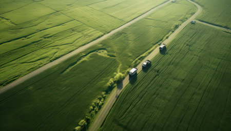 Aerial view of two trucks passing through a green agricultural field.の素材