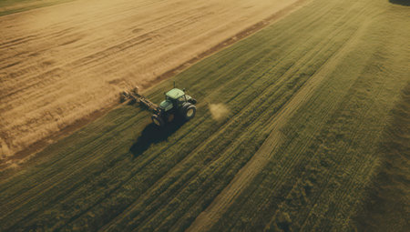 Aerial view of the tractor working on the large wheat field.の素材