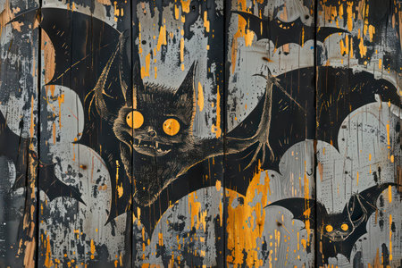 Halloween bat painted on old wooden door background. Halloween concept.の素材