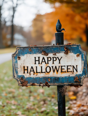 Old rusty metal sign with the inscription Happy Halloween on a blurred background.の素材