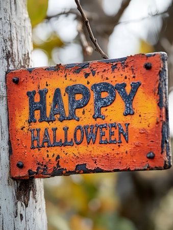 Happy Halloween sign on a tree in the garden. Selective focus.の素材