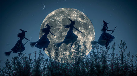 Halloween witch flying on broomstick over full moon. 3D renderingの素材