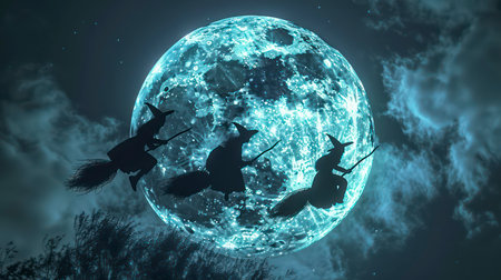 Witch flying on broomstick against the background of the moon.の素材