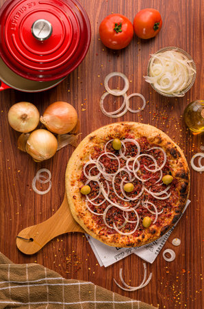 Photos for gourmet pizzeria menu wooden background, foodstyling gastronomy, food photography, handmade pizzasの写真素材