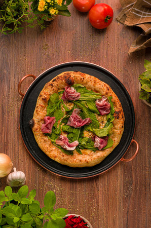 Photos for gourmet pizzeria menu wooden background, foodstyling gastronomy, food photography, handmade pizzasの写真素材