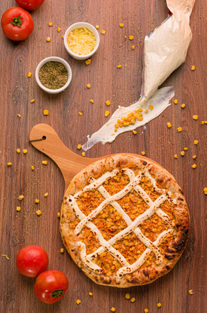 Photos for gourmet pizzeria menu wooden background, foodstyling gastronomy, food photography, handmade pizzasの写真素材