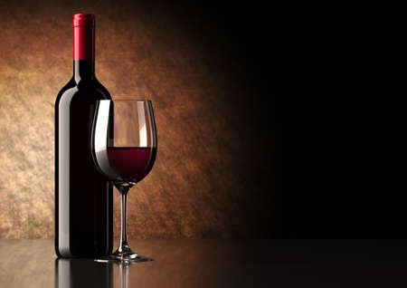 Bottle of red wine with dark glass on bottom and top reflective の写真素材
