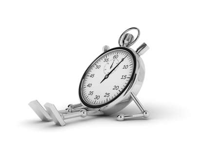 Stopwatch with legs and arms lying on a white background の写真素材
