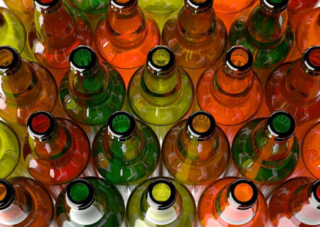 Empty beer bottles grouped, framed from above の写真素材