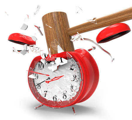 hammer hitting an alarm clock on a white background の写真素材