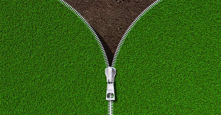 zipper  open a green lawn and discovers the landの写真素材