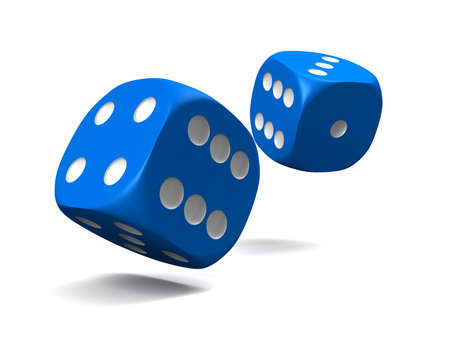 blue dice, thrown on a white backgroundの写真素材