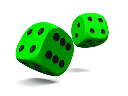 green dice, thrown on a white backgroundの写真素材