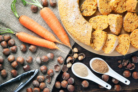 Vegan carrot cake with brown sugar, ginger and nuts.の写真素材