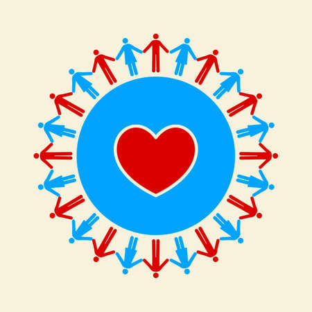 Men And Women Holding Hands Around A Heart Inside The Worldのイラスト素材