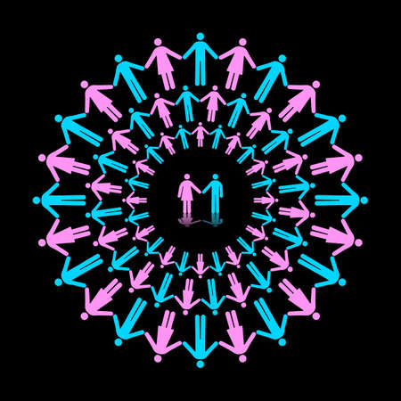 Three Concentric Circles of Men and Women Holding Hands With One Couple as Centerのイラスト素材