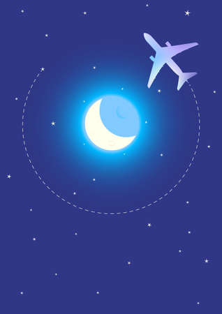 Vector Illustration of Airplane Flying Around The Moonのイラスト素材