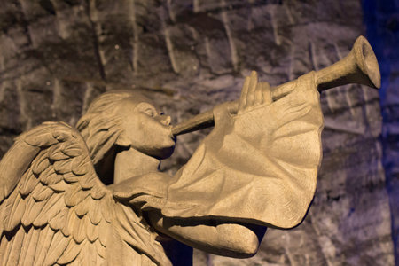 Angel sculpture in the Salt Cathedral of ZipaquirÃ¡, underground Catholic church built within the tunnels of a salt mine in a halite mountain near the city of ZipaquirÃ¡, in Cundinamarca, Colombia.の写真素材