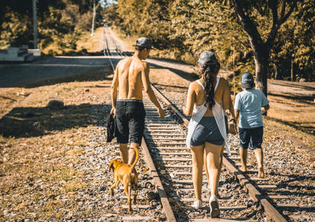 People walking on the old railway of Villeta, Cundinamarca, Colombia.の写真素材