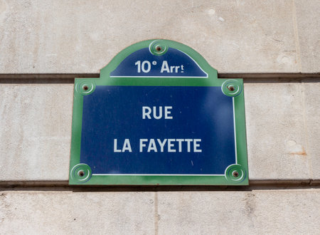 Rue Lafayette street sign, one of the most famous streets in Paris, France.の写真素材