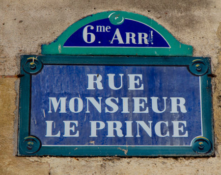 Rue Monsieur le Prince street sign, one of the most famous streets in Paris, France.の写真素材