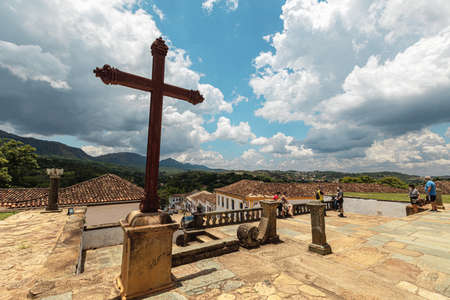Cross at the entrance of the church, overlooking the Serra de SÃ£o JosÃ©. Municipality of Tiradentes Minas Gerais. Brazil.のeditorial素材