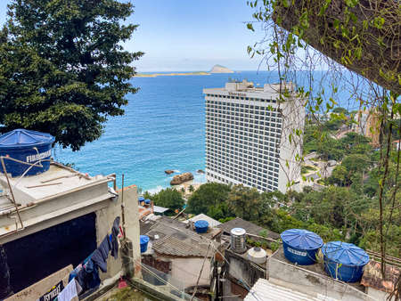 Leblon, Rio de Janeiro, Brazil - April 10, 2022: View of the Sheraton Hotel near the Vidigal favela,...