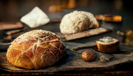 Handmade rustic italian bread baked on the rustic wooden table, gourmet bakery backdrop. Selective focus. Matte Painting. Realistic Illustration.の素材