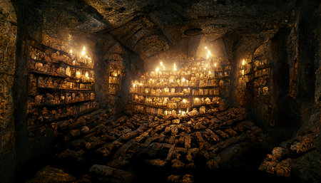 Environment with medieval catacombs with covered floors, with torches inside the cave. Mystical concept. Digital Painting Background, Illustration.の素材