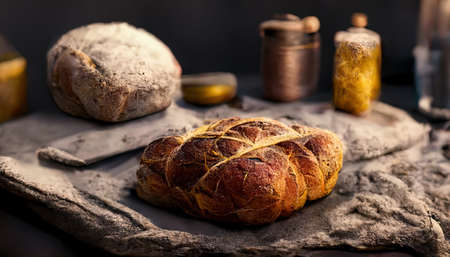 Handmade rustic italian bread baked on the rustic wooden table. Selective focus. Realistic Illustration.の素材