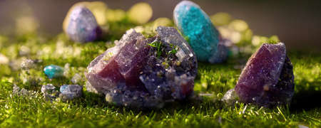 Fluorite, amethyst, precious minerals and crystals on forest background. Life Balance Reiki Therapy. AI generated paintの素材