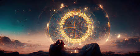 Backdrop of sacred zodiac symbols, astrology, alchemy, magic, sorcery and fortune telling. AI-generated digital painting.の素材