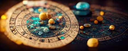 Backdrop of sacred zodiac symbols, astrology, alchemy, magic, sorcery and fortune telling. AI-generated digital painting.の素材