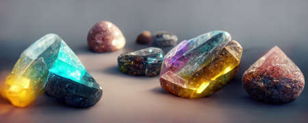 Crystals and Minerals from Gemstones Esoteric spiritual practice. Feng Shui, reiki therapy concept. AI generated image.の素材